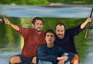 Color portrait with background - men drawn fishing with lake scene - colour portrait - drawings and portraits from your photos - drawking.com - DrawKing