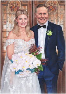 Color portrait with background - wedding picture drawn with church background - colour portrait - drawings and portraits from your photos - drawking.com - DrawKing