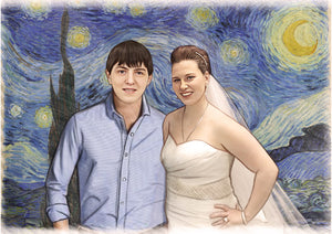 Color portrait with background - wedding theme drawing with Vincent Van Gogh drawn background - colour portrait - drawings and portraits from your photos - drawking.com - DrawKing