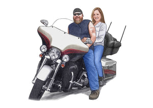 Color portrait with large object - Couple on motorbike- colour portrait - drawings and portraits from your photos - drawking.com - DrawKing