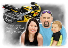 Load image into Gallery viewer, Color portrait with large object - Family drawn with motorcycle and writing - colour portrait - drawings and portraits from your photos - drawking.com - DrawKing
