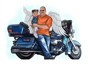 Color portrait with large object - Man with angel wings with girl on motorbike - colour portrait - drawings and portraits from your photos - drawking.com - DrawKing