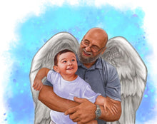 Load image into Gallery viewer, Color portrait with pattern background - Boy and grandad drawn with angel wings - colour portrait - drawings and portraits from your photos - drawking.com - DrawKing
