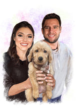 Load image into Gallery viewer, Color portrait with pattern background - Couple drawn with their dog - colour portrait - drawings and portraits from your photos - drawking.com - DrawKing
