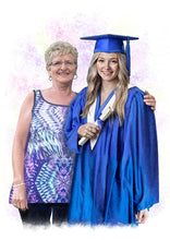 Load image into Gallery viewer, Color portrait with pattern background - Girl on granduation day with her Nana - colour portrait - drawings and portraits from your photos - drawking.com - DrawKing
