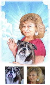 Color portrait with pattern background - Lady and dog who have passed away in the sky - colour portrait - drawings and portraits from your photos - drawking.com - DrawKing
