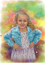 Load image into Gallery viewer, Color portrait with pattern background - Little girl drawn in watercolour - colour portrait - drawings and portraits from your photos - drawking.com - DrawKing
