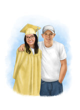 Load image into Gallery viewer, Color portrait with pattern background - Woman drawn on her graduation day with man - colour portrait - drawings and portraits from your photos - drawking.com - DrawKing
