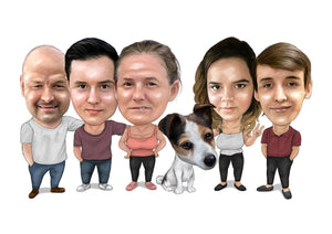 Colour caricature - family drawing with dog - drawings and portraits from your photos - drawking.com - DrawKing