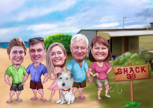 Colour caricature with background - Beach family drawing - drawings and portraits from your photos - drawking.com - DrawKing