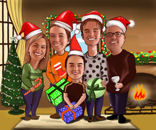 Load image into Gallery viewer, Colour caricature with background - Christmas family drawing - drawings and portraits from your photos - drawking.com - DrawKing
