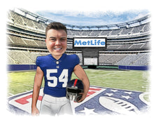 Load image into Gallery viewer, Colour caricature with background - Man drawn as american football player on pitch  - drawings and portraits from your photos - drawking.com - DrawKing
