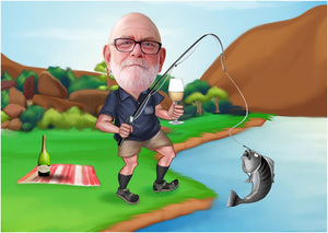 Colour caricature with background - Man fishing near lake  - drawings and portraits from your photos - drawking.com - DrawKing