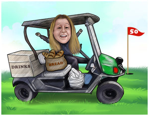 Colour caricature with background -  Woman's birthday golf theme - drawings and portraits from your photos - drawking.com - DrawKing
