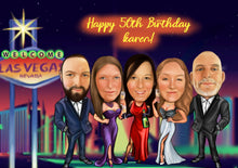 Load image into Gallery viewer, Colour caricature with background - big birthday las vegas theme - drawings and portraits from your photos - drawking.com - DrawKing
