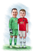 Load image into Gallery viewer, Colour caricature with pattern background-  Dad and son in football kits - drawings and portraits from your photos - drawking.com - DrawKing

