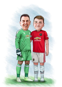 Colour caricature with pattern background-  Dad and son in football kits - drawings and portraits from your photos - drawking.com - DrawKing