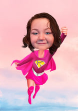 Load image into Gallery viewer, Colour caricature with pattern background-  Girl drawn as superhero  - drawings and portraits from your photos - drawking.com - DrawKing
