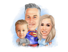 Load image into Gallery viewer, Colour caricature with pattern background-  Man drawn as superman with wife and little boy - drawings and portraits from your photos - drawking.com - DrawKing

