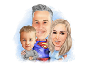 Colour caricature with pattern background-  Man drawn as superman with wife and little boy - drawings and portraits from your photos - drawking.com - DrawKing