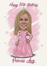 Load image into Gallery viewer, Colour caricature with pattern background - Woman drawn as princess for birthday - drawings and portraits from your photos - drawking.com - DrawKing
