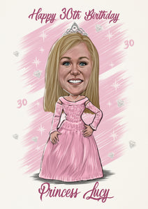 Colour caricature with pattern background - Woman drawn as princess for birthday - drawings and portraits from your photos - drawking.com - DrawKing