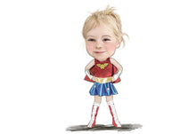 Load image into Gallery viewer, Colour drawing as a character - Little girl dressed as super hero - drawings and portraits from your photos - drawking.com - DrawKing
