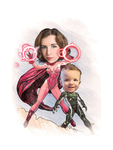 Load image into Gallery viewer, Colour drawing as a character - Mum and son as superheros - drawings and portraits from your photos -  - drawking.com - DrawKing
