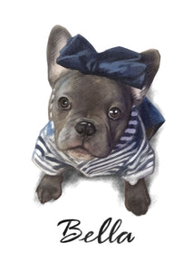 Colour pet portrait - Dog drawn with bow and name - Color drawing -drawings and portraits from your photos - drawking.com - Drawking