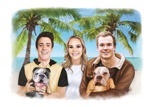 Colour pet portrait - Dogs drawn with family on beach - Color drawing -drawings and portraits from your photos - drawking.com - Drawking