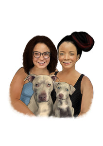 Colour pet portrait - Mother and daughter drawn with 2 dogs - Color drawing -drawings and portraits from your photos - drawking.com - Drawking
