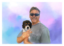 Load image into Gallery viewer, Colour pet portrait with pattern background - Man drawn holding dog - drawings and portraits from your photos - drawking.com - Drawking
