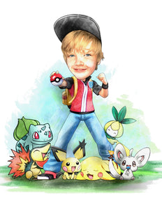 Colour with character - Boy drawn with Pokemon characters - Color drawing -drawings and portraits from your photos - drawking.com - Drawking