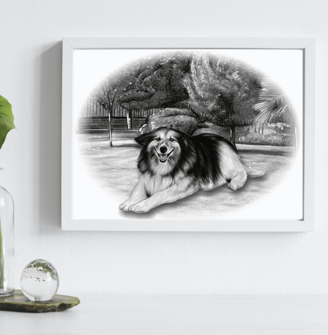 Black & White Portrait with pets/animals (with a drawn background)